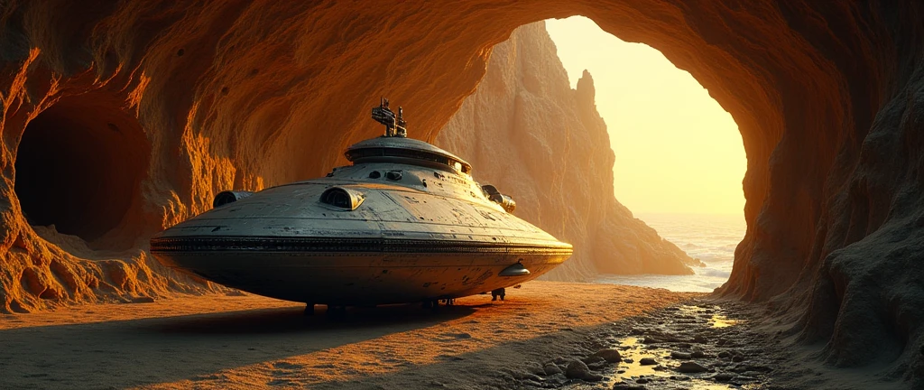 futuristic spaceship parked in cave , Interstellar. 8k, alien, gold on the wall