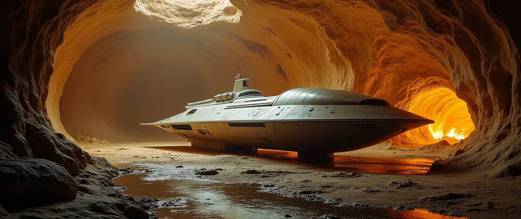 futuristic spaceship parked in cave , Interstellar. 8k, alien, gold on the wall