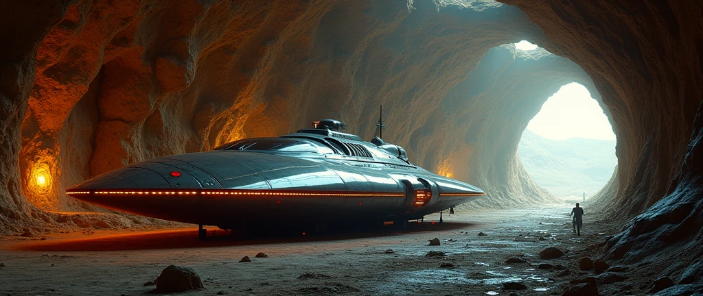 futuristic spaceship parked in cave , Interstellar. 8k, alien, gold on the wall