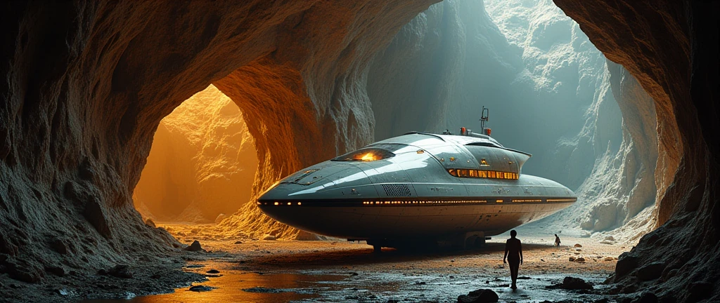 futuristic spaceship parked in cave , Interstellar. 8k, alien, gold on the wall