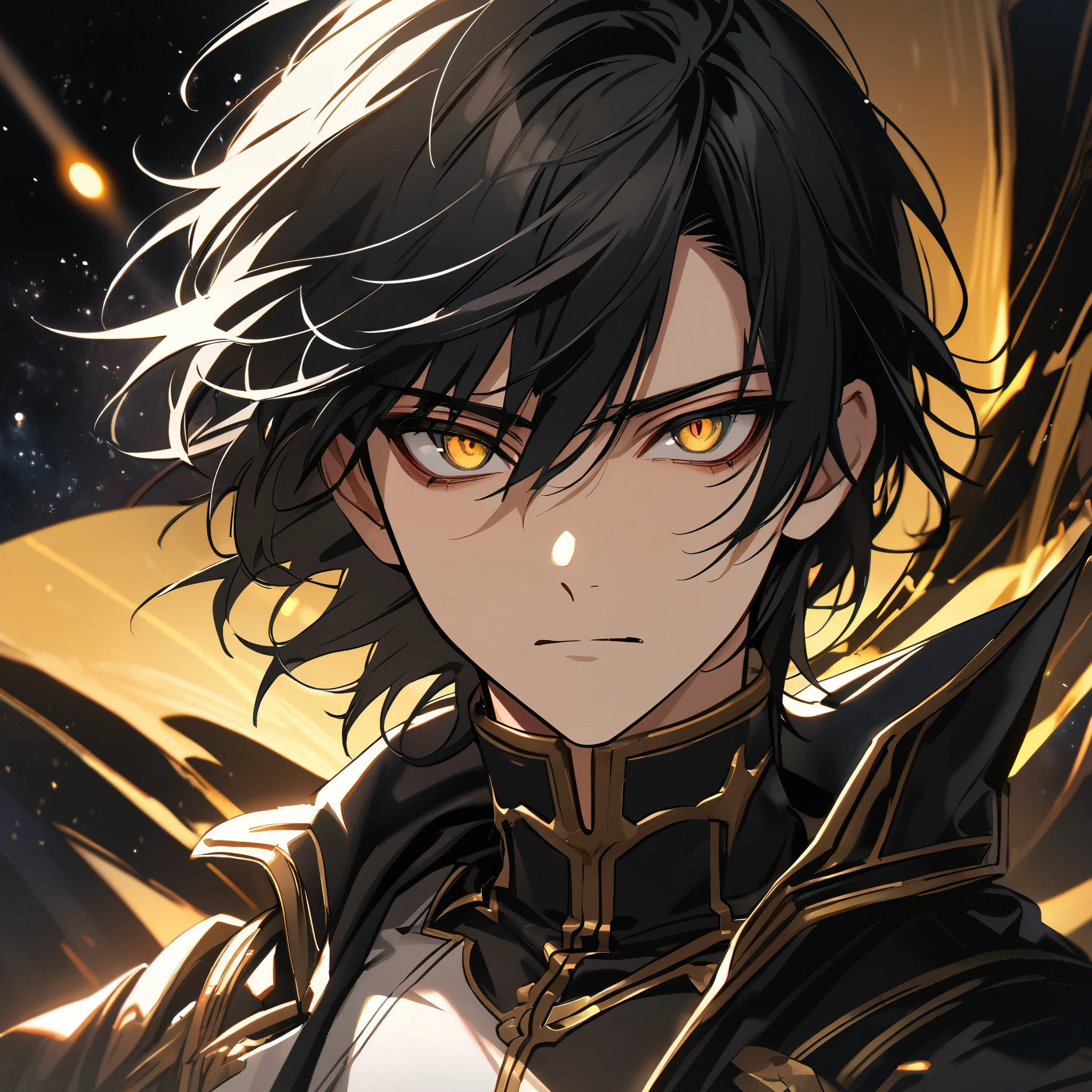 High quality, HD, 4k, no shadows, handsome male, handsome, 1male, , teenager, jeack hair, short black hair, dark hair, black hair, jet black hair, sharp eyes, deep gold colored eyes, dark golden colored eyes, deep gold eyes, gold eyes, devil may cry, close up, calm expression, stoic expression, black leather clothes, white leather clothing, lean body, well trained body, upper body, looking at viewer, cowboy shot, white solar, space background