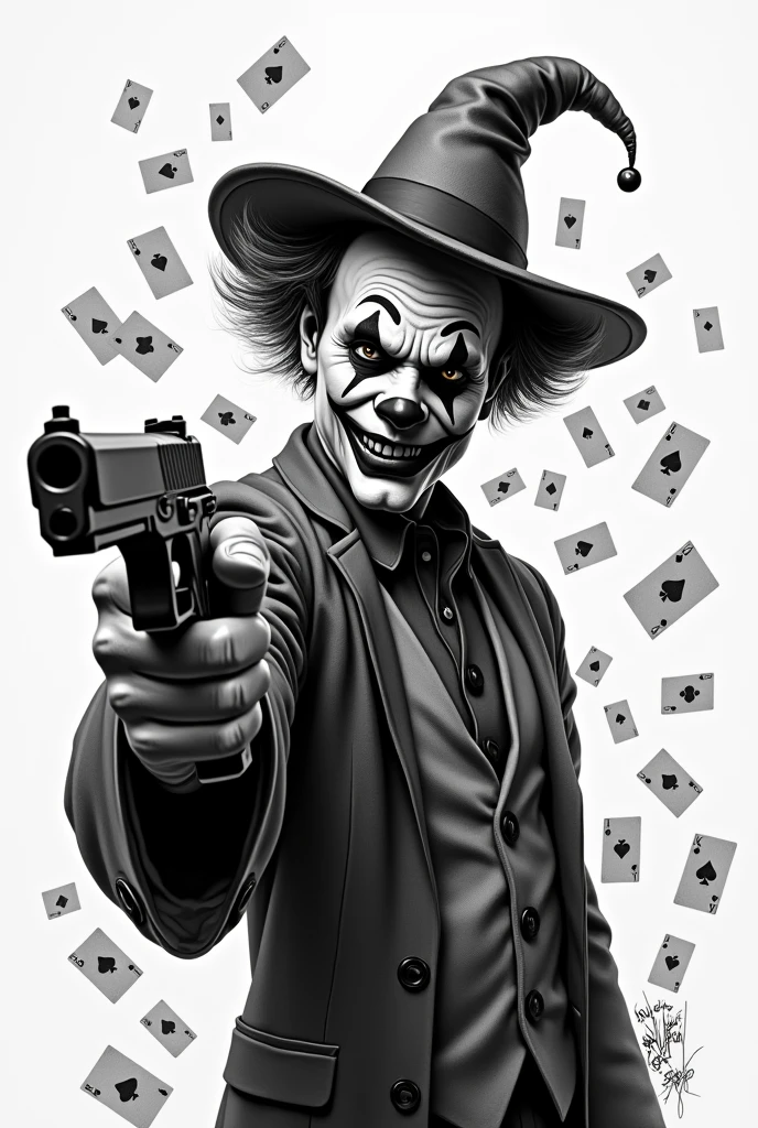 Realistic black and gray drawing of a clown, with gun, joker, with playing cards in the background, black and gray realism, chicano style, hyper realistic, full image, white background, no pencil, jpeg artifacts, 4k, anatomically correct, accurate, textured skin, super detail, high detail, award winning, best quality, high quality, 1080P, retina, HD, 16k