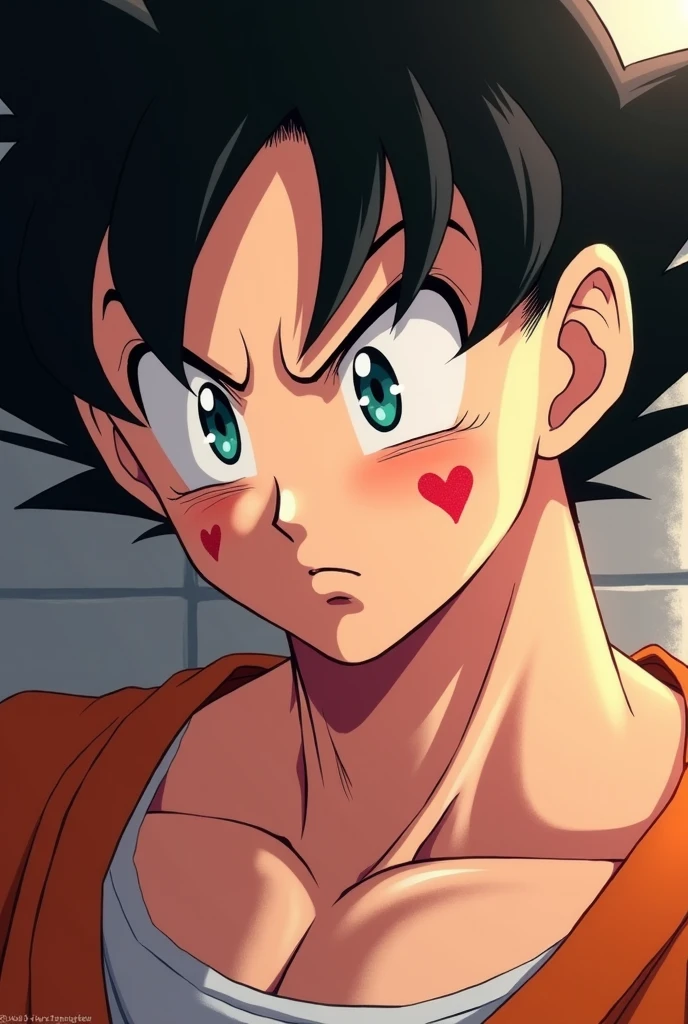 Toriyama anime style,Adult Goku with his face up to his neck with several marks from several kisses with a loving and somewhat embarrassed expression, with a blush on her cheeks and a slight smile, looking forward, view from her torso to her hair