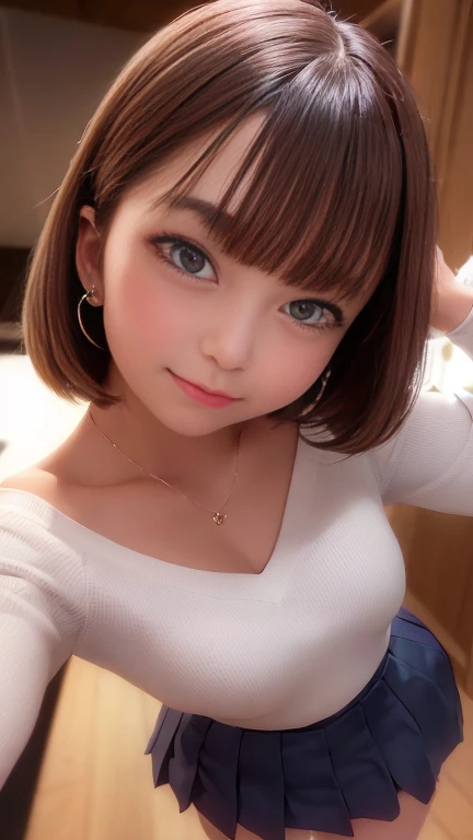 Maximum resolution, Ultra-high resolution, (Delicate eyes and skin), (Detailed facial features), Sharp focus, Cute Face, Perfect body, Anatomically correct, Highly detailed face and skin texture, Dark blue eyes, double eyelid, Thin eyebrows, Glowing Skin, Glittering earrings, bracelet, Glossy Lips, Very cute school girl, smile, Short Bob Hair, Light brown hair, library, Standing in front of a bookshelf、Mid-chest, Thigh-high socks, A white short-sleeved shirt with a wide chest, Black pleated mini skirt with slits, (Looking back at the audience),((View from the bottom、View from below:1.2))、((Back view、From behind:1.2))、