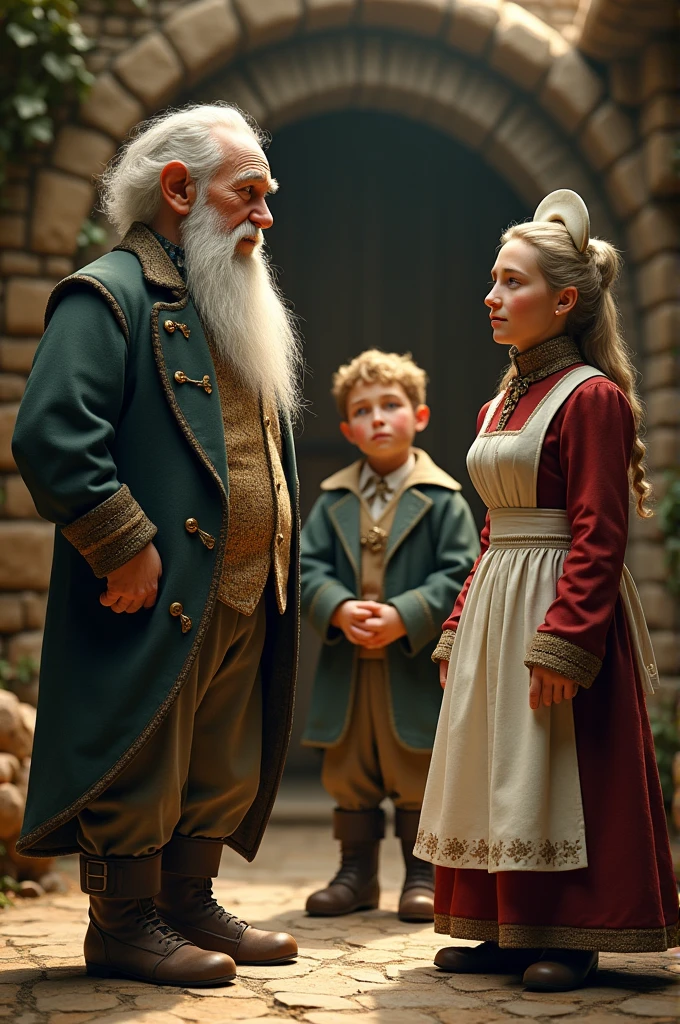 Old hairy-footed hobbit in butler&#39;s outfit talking to a young hobbit in maid&#39;s clothes and a tired hobbit woman in governess&#39;s clothes.