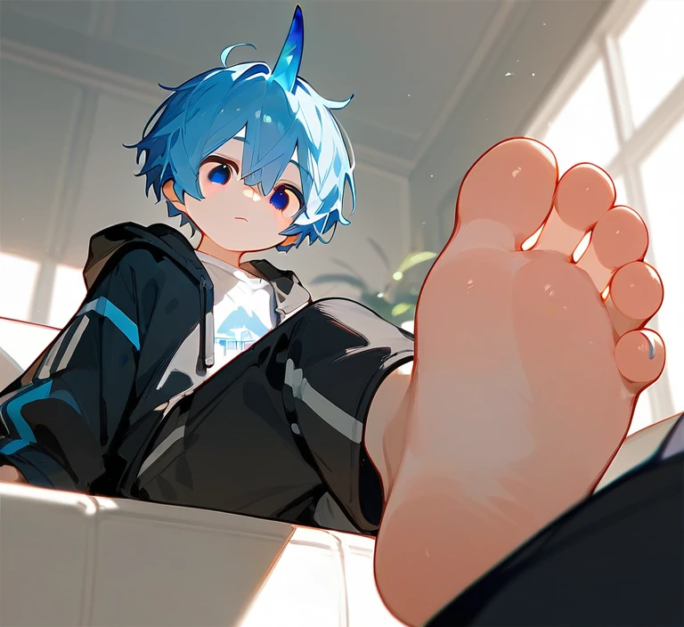 in the room,A cute boy shows his feet,Sitting on the sofa,Low Angle,barefoot, Foot Focus,White T-shirt, Black Hooded Jacket, There are bangs between the eyes,short hair,blue hair, Black pants, Anatomically correct, There is a single blue horn in the middle of the head, black eyes,Sitting on another man,Sitting on another man's belly