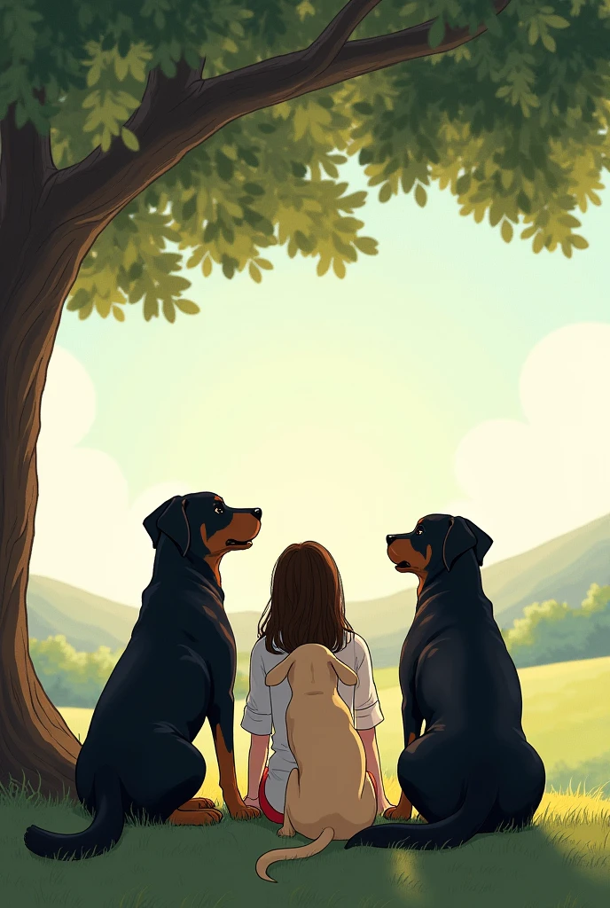 A woman and two female Rottweiler dogs and a female Labrador dog sitting with their backs to each other under a tree in the distance watching a landscape