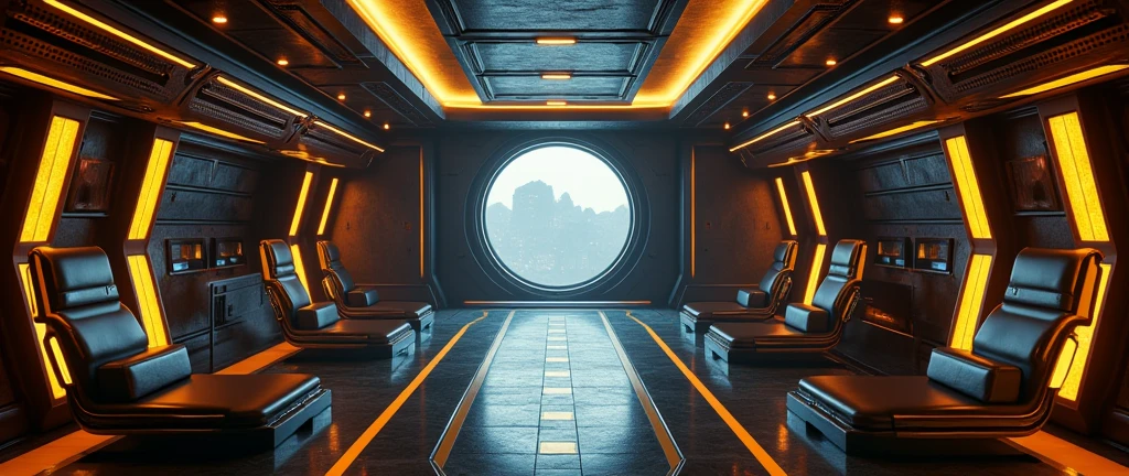 interior of futuristic ship, Interstellar. 8k, alien, gold on the wall
