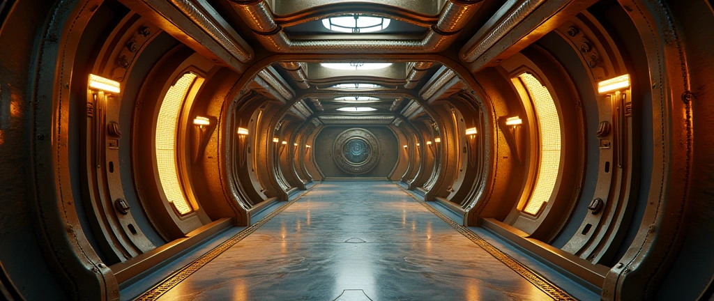 interior of futuristic ship, Interstellar. 8k, alien, gold on the wall