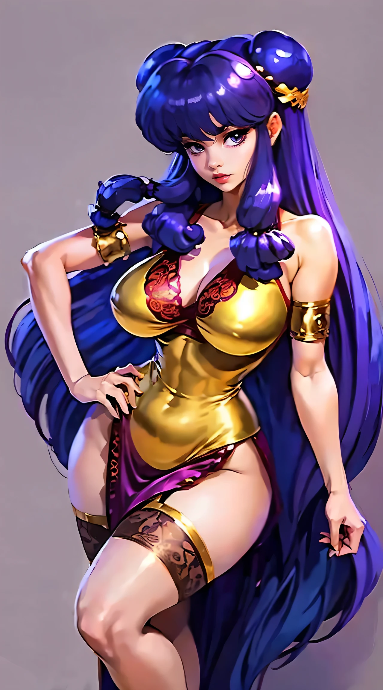 Beautiful sexy Ranma and a half posing with big breasts and big hips with a small waist showing her body from head to toe., Her long, radiant purple hair cut very short., Red dress with gold lace and white garters 