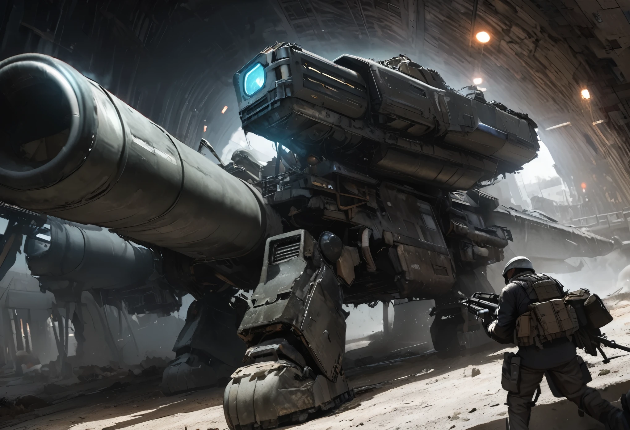 quality\(masterpiece, best quality,8k,wallpaper of extremely detailed CG unit,hight resolution,top-quality,top-quality real texture skin,hyper realisitic,increase the resolution,RAW photos,best qualtiy,highly detailed,the wallpaper\), BREAK ,tank\(armored,thick armor, (many steel plates retrofitted:1.4), (huge cannon\((beam cannon:1.4), glowing blue-white\):1.4), camouflage paint,(huge caterpillar:1.4), (exhaust muffler on top\(smoke\):1.3), smashing rocks, futuristic\), background\(rough, rocky road,battle field, many bullets comming, explosions\)