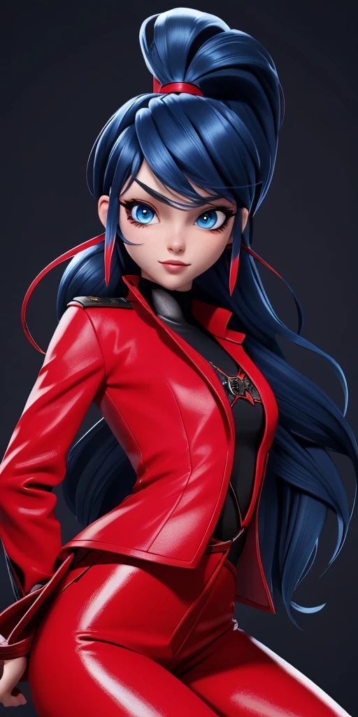 Dark blue, long hair with red-tipped ponytail, blue eyes, light makeup with winged eyeliner, neutral expression,red leather pants with floral design, black leather blazer, chest-up view