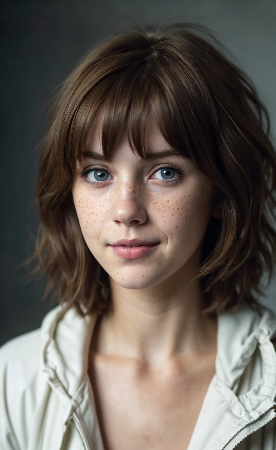 (close-up, editorial photograph of a 21 year old woman), (highly detailed face:1.4) (smile:0.7) (background inside dark, moody, private study:1.3) POV, by lee jeffries, nikon d850, film stock photograph ,4 kodak portra 400 ,camera f1.6 lens ,rich colors, hyper realistic ,lifelike texture, dramatic lighting , cinestill 800, wavy hair, messy hair, Max Caulfield haircut, short hair, Mischievous smirk, Brown hair, Blue eyes, freckles, white skin, cyberpunk Coat, White Shirt, Max Caulfield skin, Max Caulfield expression, masterpiece, Astral Plane, Life Is Strange
