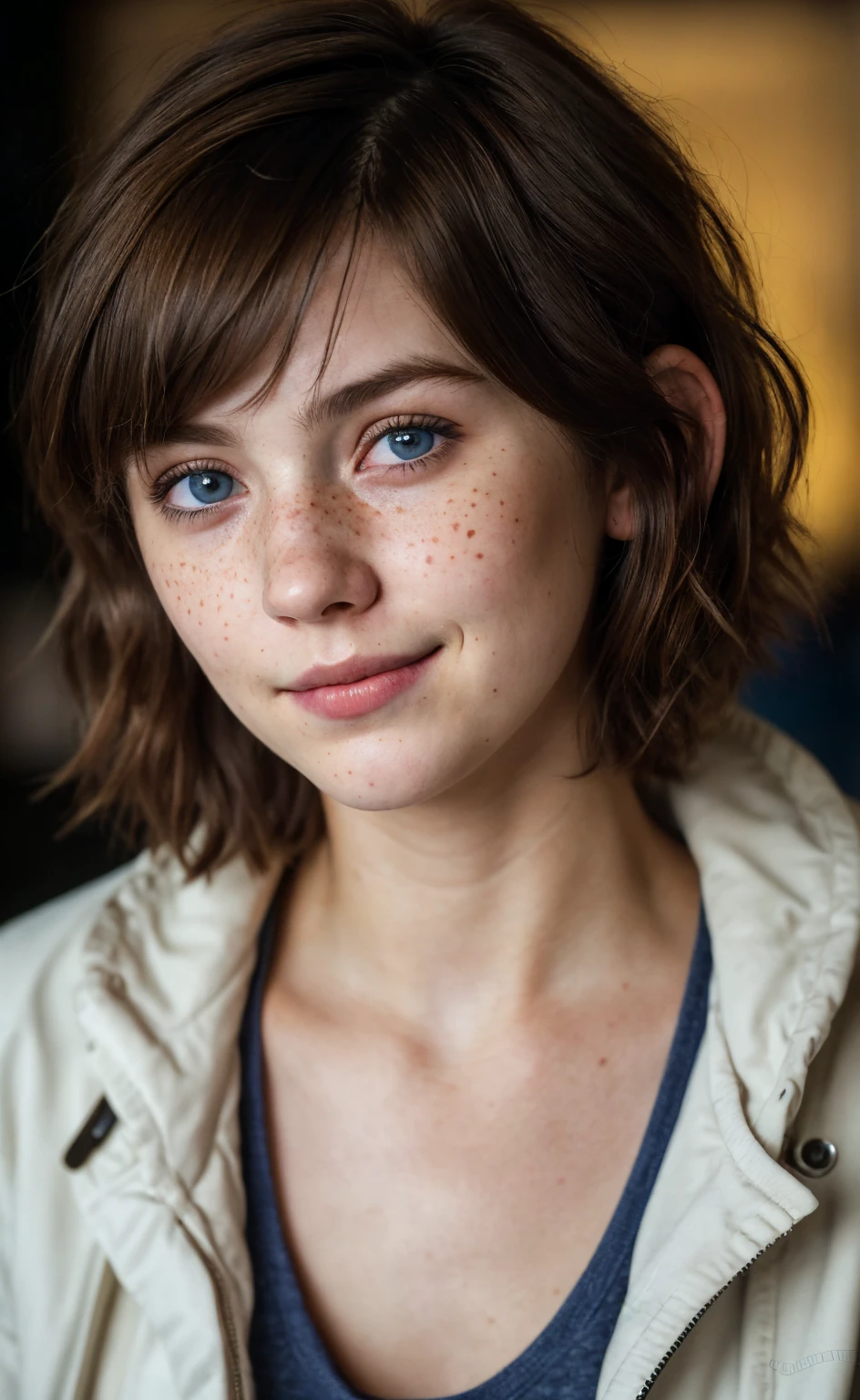 (close-up, editorial photograph of a 21 year old woman), (highly detailed face:1.4) (smile:0.7) (background inside dark, moody, private study:1.3) POV, by lee jeffries, nikon d850, film stock photograph ,4 kodak portra 400 ,camera f1.6 lens ,rich colors, hyper realistic ,lifelike texture, dramatic lighting , cinestill 800, wavy hair, messy hair, Max Caulfield haircut, short hair, Mischievous smirk, Brown hair, Blue eyes, freckles, white skin, cyberpunk Coat, White Shirt, Max Caulfield skin, Max Caulfield expression, masterpiece, Astral Plane, Life Is Strange