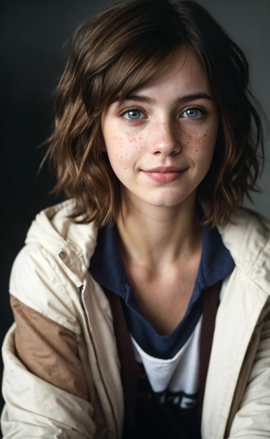 (close-up, editorial photograph of a 21 year old woman), (highly detailed face:1.4) (smile:0.7) (background inside dark, moody, private study:1.3) POV, by lee jeffries, nikon d850, film stock photograph ,4 kodak portra 400 ,camera f1.6 lens ,rich colors, hyper realistic ,lifelike texture, dramatic lighting , cinestill 800, wavy hair, messy hair, Max Caulfield haircut, short hair, Mischievous smirk, Brown hair, Blue eyes, freckles, white skin, cyberpunk Coat, White Shirt, Max Caulfield skin, Max Caulfield expression, masterpiece, Astral Plane, Life Is Strange