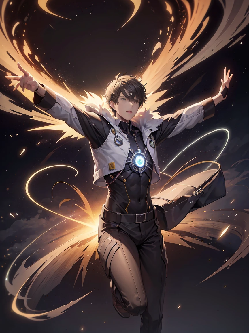 1 man heavenly being, with radiation in it, a circle of fire behind him,in quantum space .(high resolution),(best qualityer),(4k image),.