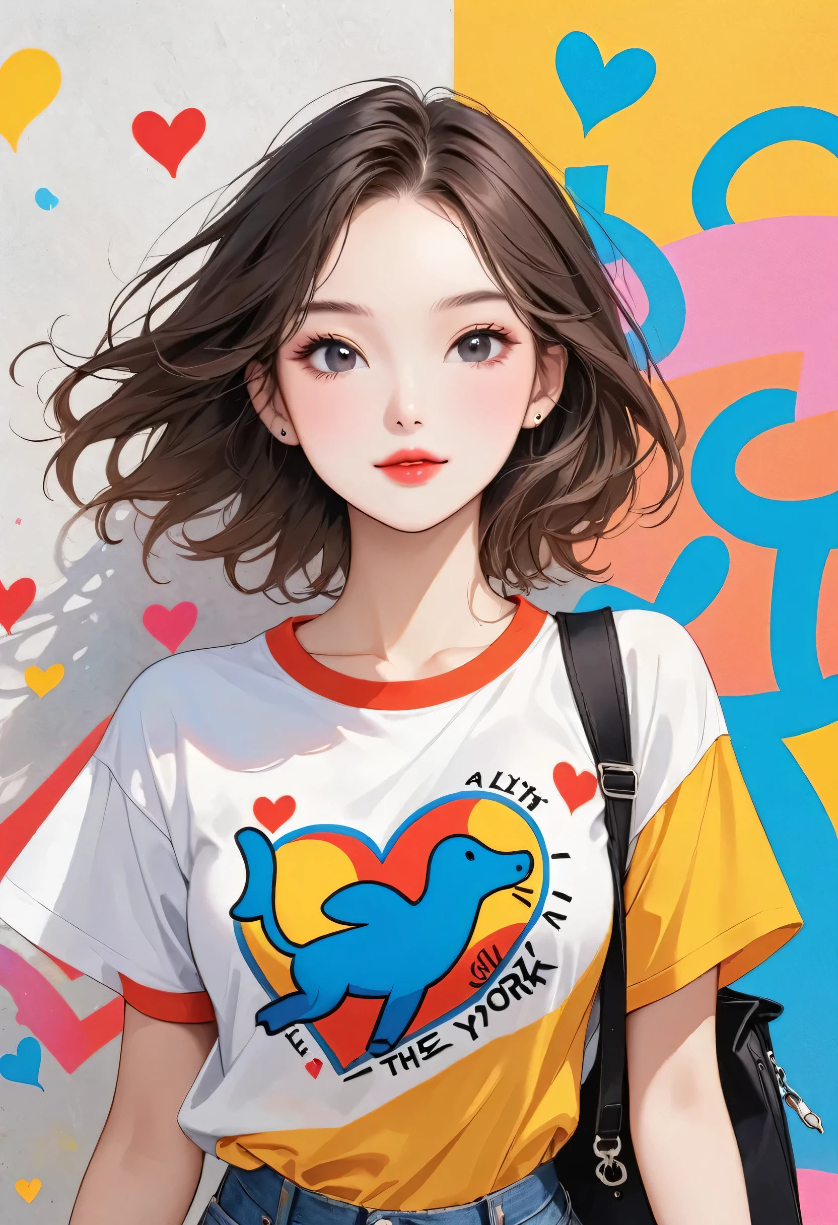 Keith Haring colorful style, Simple Line Initialism,Abstract art,(((The most beautiful girl of all time))), Sweet face. Lips in love, colorful hearts, stylish design, 夏のオシャレなTシャツ, 黒い瞳, walking, New York city