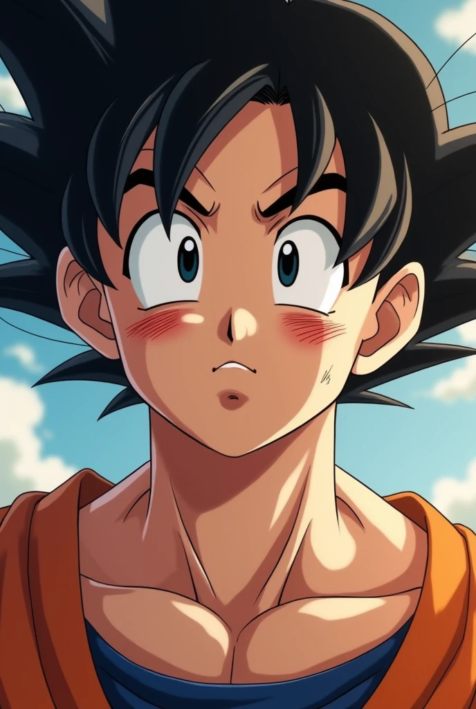 Toriyama anime style,Adult Goku with his face up to his neck with several marks from several kisses with a loving and somewhat embarrassed expression, with a blush on her cheeks and a slight smile, looking forward, view from her torso to her hair