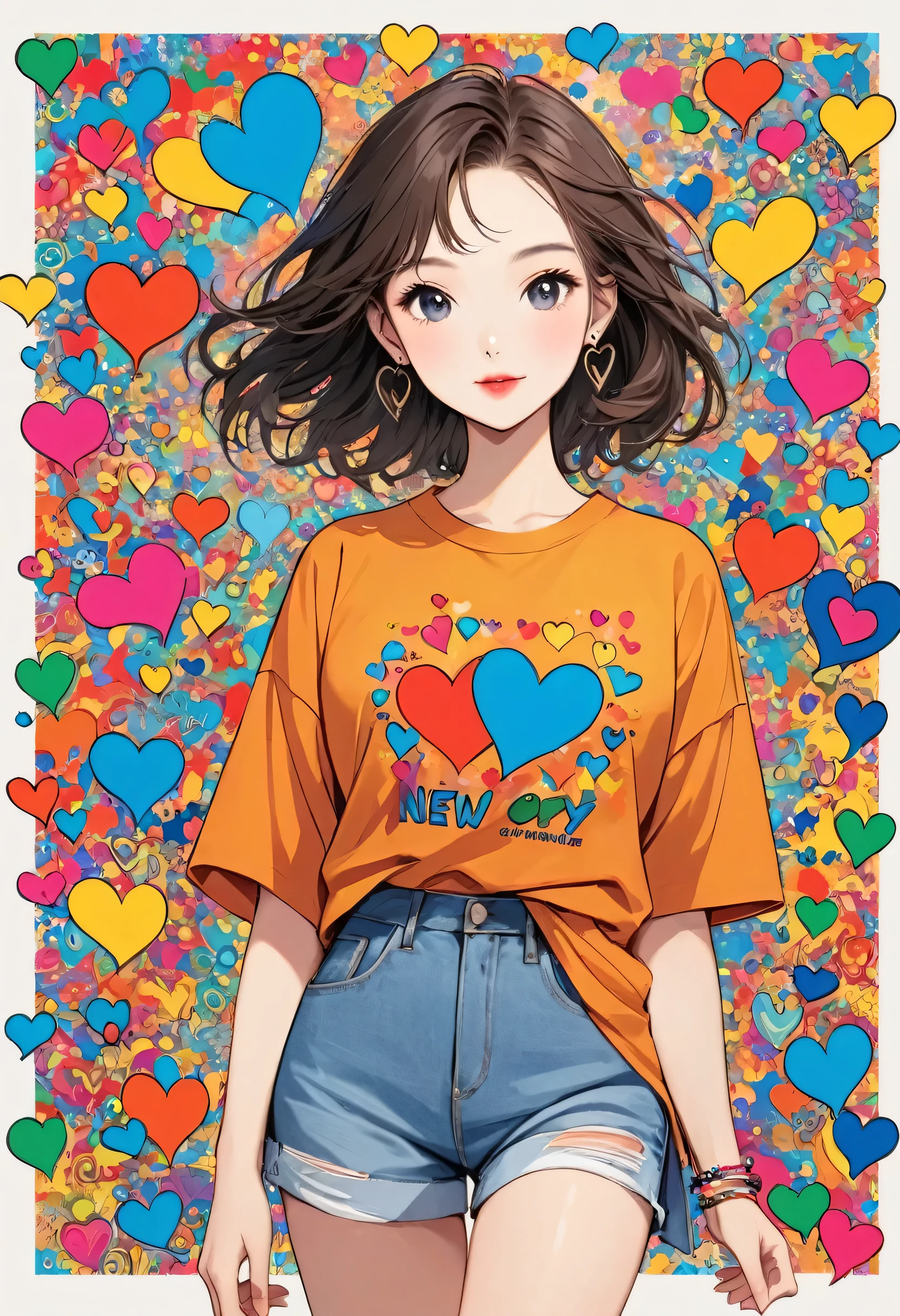 Keith Haring colorful style, Simple Line Initialism，Abstract art，(((The most beautiful girl of all time))), Sweet face. Lips in love, colorful hearts, stylish design, 夏のオシャレなTシャツ, 黒い瞳, walking, New York city