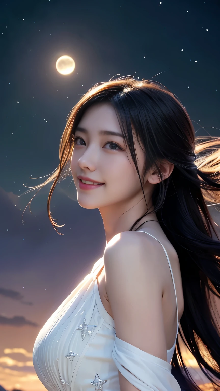 (logo、masterpiece、8K、Tabletop、RAW Photos、wonderful、最high quality、Photorealistic and very detailed CG composite 8k wallpaper、high quality、Very detailed、Narrative poem、Particle Effects、Dynamic Effects、Depth of the Boundary)What is written is、Cinematic Light、Lens flare、Ray Tracing)、Fantasy、(night、Night Sky、Starry Sky、full moon)、(A girl looking up at the sky)、sit、 cute、Japanese、(smile)、Long Black Hair、Strong winds、(Hair blowing in the wind)、(White Dress)、Natural light、moonlight、(Horizontal photography)、(Bust up shot)、(Low position)、(Low - Angle)