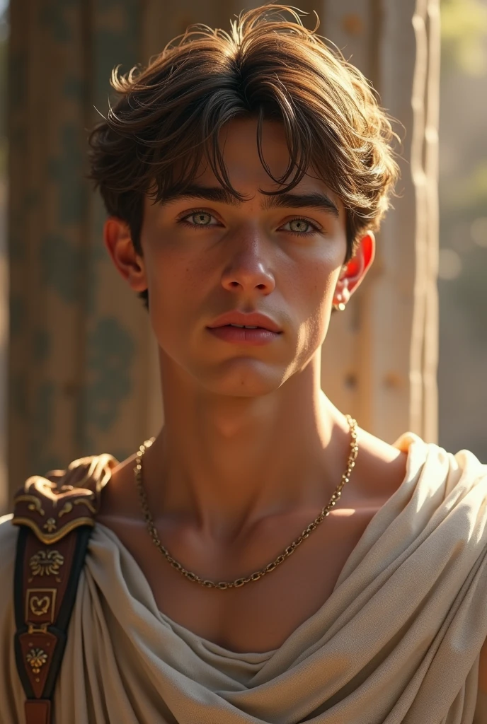 Realistic style greek young man short light brown messy hair grey eyes tanned skin traditional ancient greek clothes beautiful grandson of Apollo no facial hair
