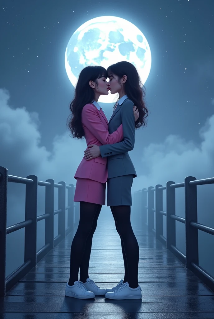 Two girls, long black hairs, yuri
(The first girl wear a pink suit, white shirt, pink pencil skirt, black underpants, black tights, white socks, white sneakers)
(The second girl wore a grey suit, white shirt, grey pencil skirt, black underpants, black tights, white socks, white sneakers)
hugging, lesbian kiss, sensual body, insert two finger into under skirts, kissing on the foggy long bridge, moon fantastic night sky, novel cartoon, 4K, HD