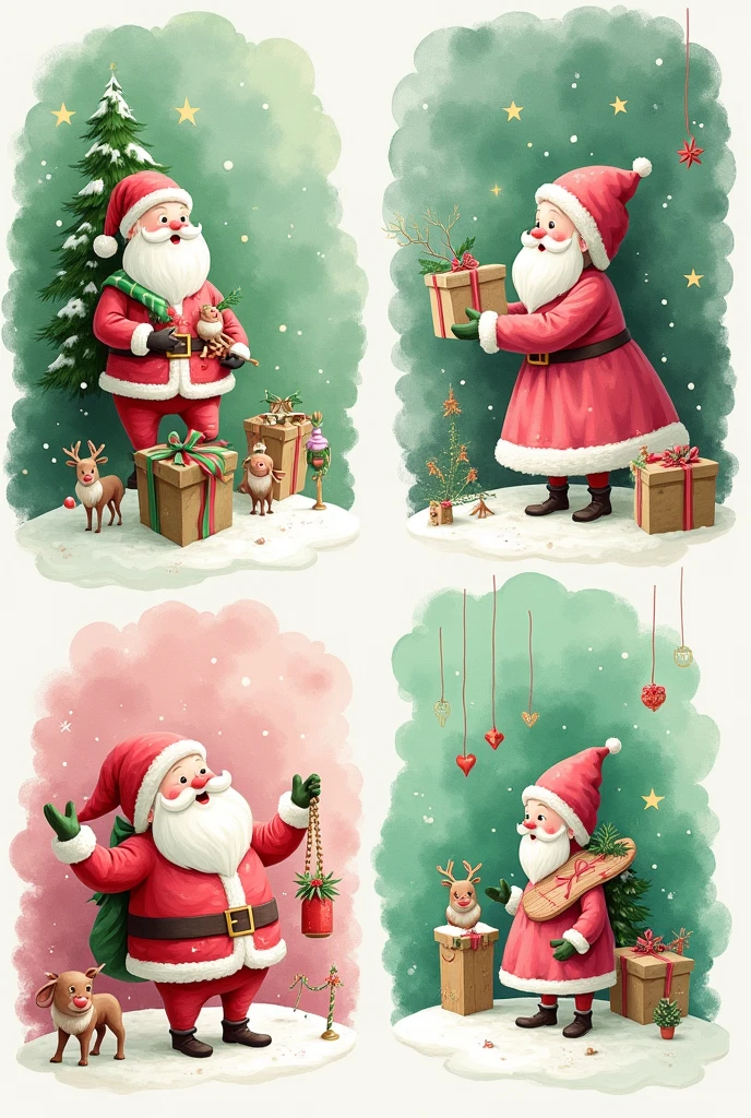 Collection with 4 drawings about Christmas, in green and pink colors