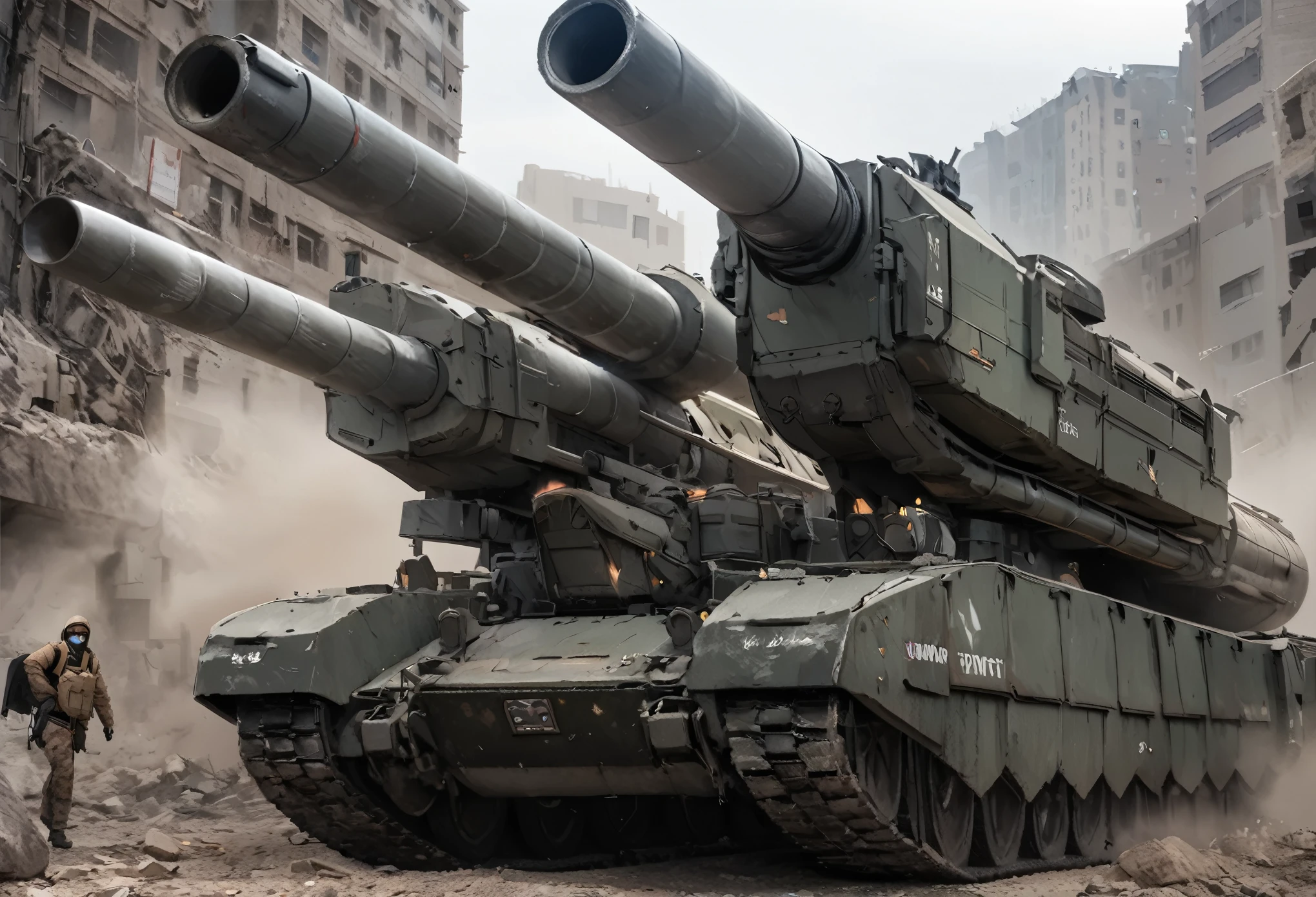 quality\(masterpiece, best quality,8k,wallpaper of extremely detailed CG unit,hight resolution,top-quality,top-quality real texture skin,hyper realisitic,increase the resolution,RAW photos,best qualtiy,highly detailed,the wallpaper\), BREAK ,tank\(armored,thick armor, (many steel plates retrofitted:1.4), (huge cannon\(beam cannon, glowing blue-white\):1.4), camouflage paint,(huge caterpillar:1.3), (exhaust muffler on top\(smoke\):1.3), smashing rocks, futuristic\), background\(rough, rocky road,battle field, many bullets comming, explosions\)