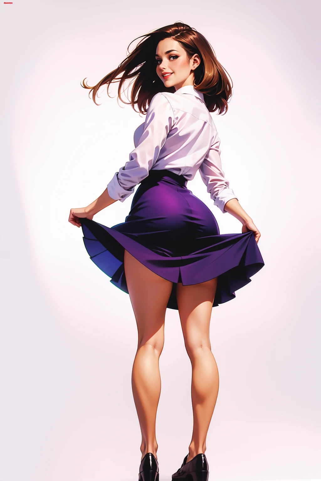 A beautiful woman, looking at viewer, smiling, skirt, loafers, (straight hair:1.2), standing, full body, from behind, from below, (masterpiece, best quality:1.2), (simple white background:1.2), digital painting, illustration, comic retro style 