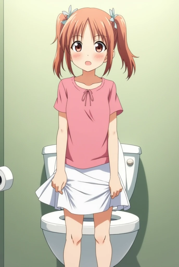 Anime-style scene featuring a young girl named Sakura inside a bathroom. Sakura has twin side-up hairstyle and is wearing a pink top and a white skirt. She is standing in front of a toilet, looking more comfortable and relaxed but still hesitant. Sakura is wetting herself while standing, with a small puddle forming around her feet, though she seems to have partially pulled down her skirt. Her facial expression shows a mix of determination and lingering uncertainty. The bathroom setting includes a visible toilet, with some indication of her trying to adapt to using it correctly.