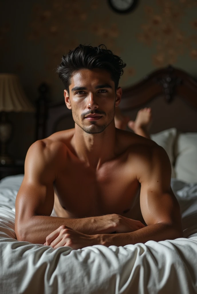 ((fullbody_homoerotism_nsfw_naked)) ((1 man lying on stomach on a barroque bed)) reflect the strength and masculinity of latino , 20 years old, workers shirtless, barefoot, Caucasian ethnic physical characteristics view fr oil painting view from aside a young man slender_athletic_realisim_body, italian boy he is side view one blonde model, handsome, slim muscular body, blue eyes, perfect smile, lying on stomach in bed, strong lengs, perfect clean feet, toned legs, muscular back with moles, looking straight at the camera, (male beauty), (best quality, 4k, 8K, high resolution, masterpiece:1.2), ultra detailed, (Realistic, photoRealistic, photo-Realistic:1.37), hdr, HD, studio lighting, generate the image with atmosphere of enthusiasm (( Highlight the rippling muscles smiling, their bodies glistening with droplets. The focus should be on the men's powerful physique, the background should be blurred to create a sense of movement and energy. evoking the strength, symmetry, beauty of the male body.)) by Aaron Horkey and Jeremy Mann, masterpiece, best quality, Photorealistic, ultra-high resolution, photographic light, illustration by MSchiffer, fairytale, Hyper detailed A mixture of photography and painting, simetryc Composition, Perfect Divine Proportione, 8k resolution fullbody image, oil painting intense dark colors palette A young man, cinnamon skin, latino, smoth body, thin face, straight nose, thin lips, square chin, large light black eyes, short black wavy hair, in roberto ferri style, aesthetic slim athletic body, realistic skin, gorgeous, detailed tonned muscles, barefoot, perfect anatomy, muscled fitness body, Young man, perfect anatomy, , energetic splendid, Barefoot, naked, small flacid penis, slim and detailed muscles, shirtless, pantless, fullbody, wearing sandals, the composition of shadows and lights give an atmosphere of spaciousness