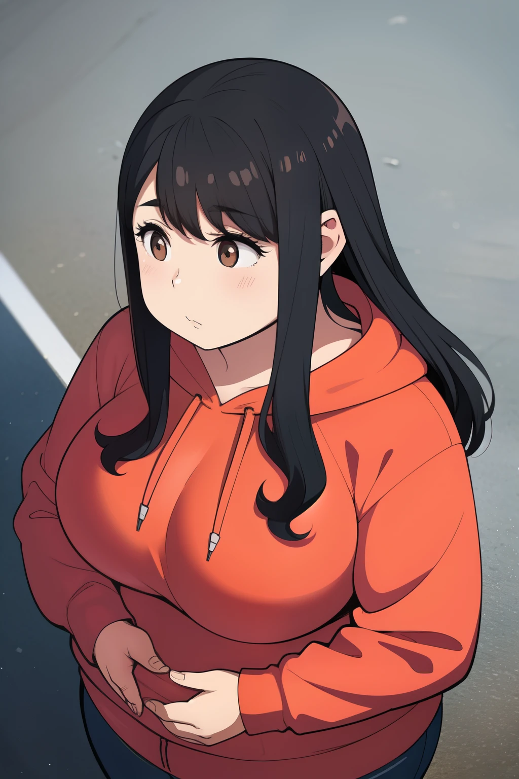 Plump year 21 big breasts black hair brown eyes chubby sad longer hair big breastview seen from above hoodie