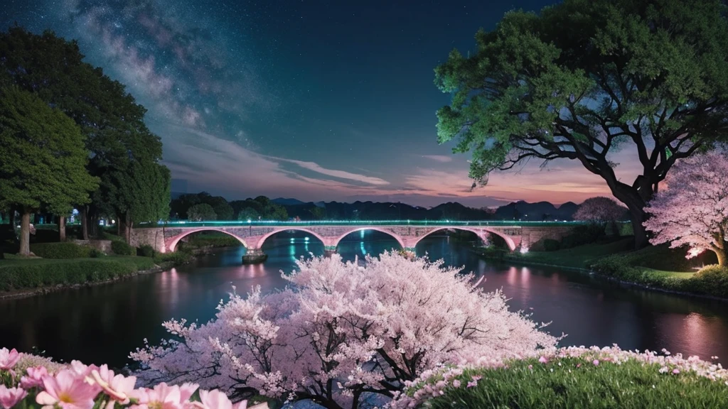 (magical pretty night null green stream overlay scene), (null), (cloud), Soft Light, Clean background, Beautiful views, masterpiece, high quality, Great graphics, Attention to detail, Spectacular views, garden, Flowers, cloud, (night starry null, Across the River, The huge old tree behind, Glowing pink petals fall behind you)