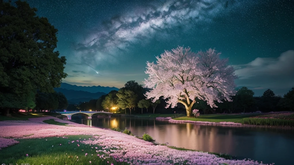 (magical pretty night null green stream overlay scene), (null), (cloud), Soft Light, Clean background, Beautiful views, masterpiece, high quality, Great graphics, Attention to detail, Spectacular views, garden, Flowers, cloud, (night starry null, Across the River, The huge old tree behind, Glowing pink petals fall behind you)