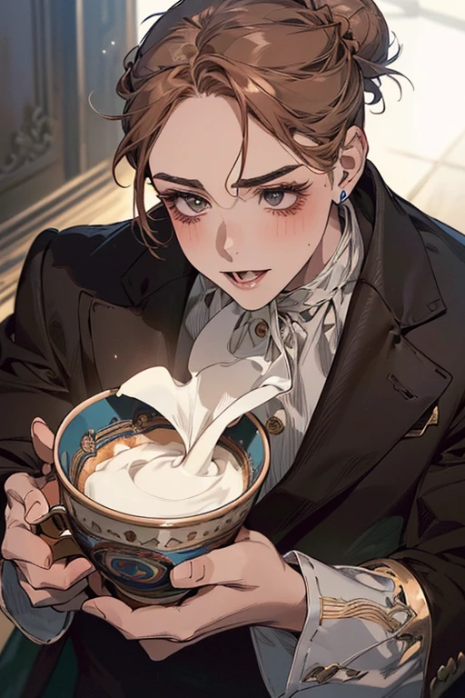 (tabletop, digitl art, digital illustration, 4K, 8k, ultra detali, Beautiful picture, Clear image, photorrealistic, raw-photo, face perfect, perfect lines, perfects eyes, soft lighting) 1womanl, (Light brown bun hair,Bun hair,innocent looking,droopy eyebrows,droopy eyes,com rosto redondo,round jaws、innocence,cute,eye large,Make-up natural,smile gently,Cup E,23 are romances:1.3),Two handsome men in suits, (ten mens,Men in suit,very muscular,Firm shoulder width,adult man,Boy&#39;s hairstyle,Man in his 30s with a cool expression,28 year old man with bright smile:1.2),Old furniture,Antique Staples,Antique chair,lustres,crystal glass,luxury,fantastic light,Marble fireplace,(embarrassed from,shy smile,Bouquet of red roses:1.2),Antique sofa,Leather sofa,the kiss、kiss、um casal、couple kissing、Romance、single、doress