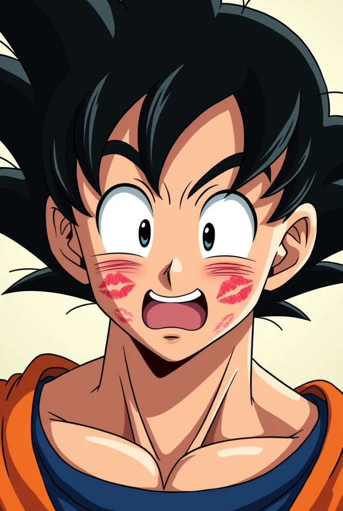 Toriyama anime style,Adult Goku with his face up to his neck covered in various kiss marks with a loving and somewhat embarrassed expression, with a blush on her cheeks and a slight smile, looking forward, view from her torso to her hair