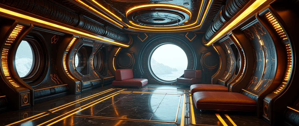 interior of futuristic ship, Interstellar. 8k, alien, gold on the wall