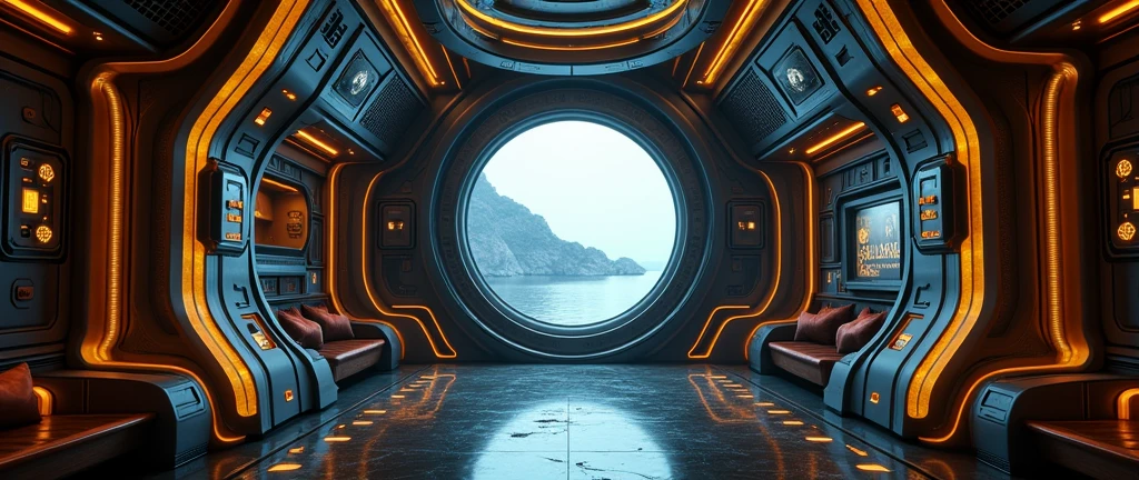 interior of futuristic ship, Interstellar. 8k, alien, gold on the wall