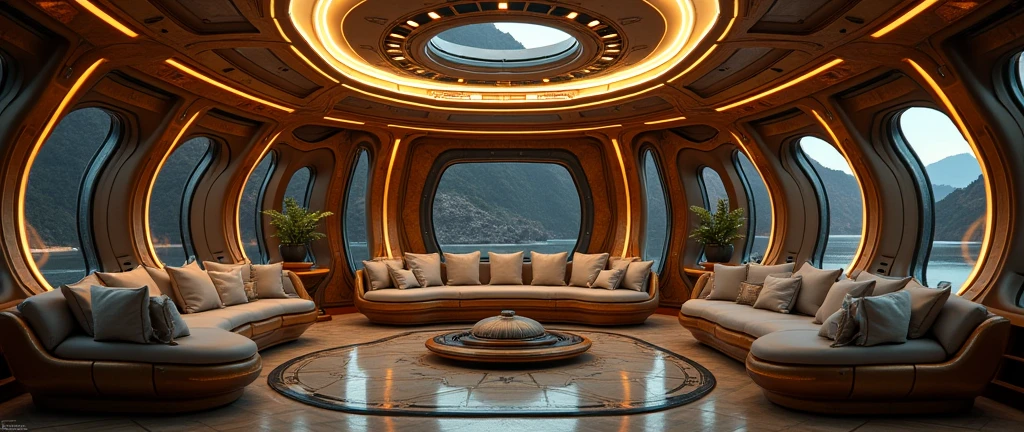 interior of futuristic ship, Interstellar. 8k, alien, gold on the wall