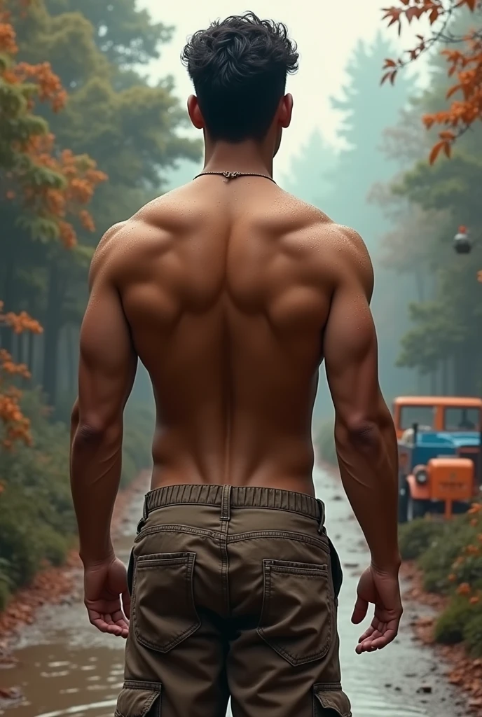 ((fullbody_homoerotism_nsfw_naked)) ((View from behind, he is showing his back to the camera)) reflect the strength and masculinity of latino , 20 years old, workers shirtless, barefoot, Caucasian ethnic physical characteristics view from aside, Facial Expression: Focused and serious. Model’s Facial and Physical Characteristics: Serious face, strong and athletic. oil painting + artstation front view of a young man slender athletic realism body, italian boy he is crossing a bridge leaving behind at one end of the bridge darkness, ghosts, dried trees_flowers, at the other end of the bridge there is light, vibrant colored flowers, orange trees, a blue mansion, radiant sky, an orange land rover, dramatic scene, evokes leaving depression behind and crossing over into life, the bridge is the transition generate the image with atmosphere of enthusiasm (( Highlight the rippling muscles smiling, their bodies glistening with droplets. The focus should be on the men's powerful physique, the background should be blurred to create a sense of movement and energy. evoking the strength, symmetry, beauty of the male body.)) by Aaron Horkey and Jeremy Mann, masterpiece, best quality, Photorealistic, ultra-high resolution, photographic light, illustration by MSchiffer, fairytale, Hyper detailed A mixture of photography and painting, simetryc Composition, Perfect Divine Proportione, 8k resolution fullbody image, oil painting intense dark colors palette A young man, cinnamon skin, latino, smoth body, thin face, straight nose, thin lips, square chin, large light black eyes, short black wavy hair, in roberto ferri style, aesthetic slim athletic body, realistic skin, gorgeous, detailed tonned muscles, barefoot, perfect anatomy, muscled fitness body, Young man, perfect anatomy, , energetic splendid, Barefoot, naked, small flacid penis, slim and detailed muscles, shirtless, pantless, fullbody, wearing sandals, the composition of shadows and lights give an atmosphere of spaciousne