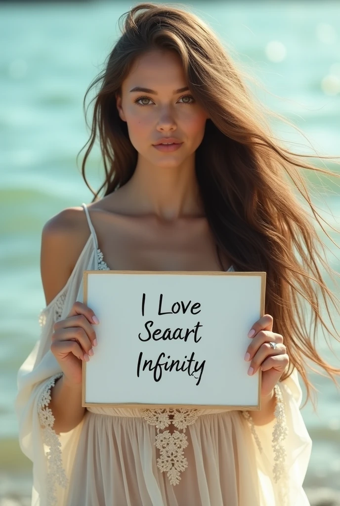 Beautiful girl with wavy long hair, bohemian dress, holding a white board with text "I Love Seaart Infinity" and showing it to the viewer