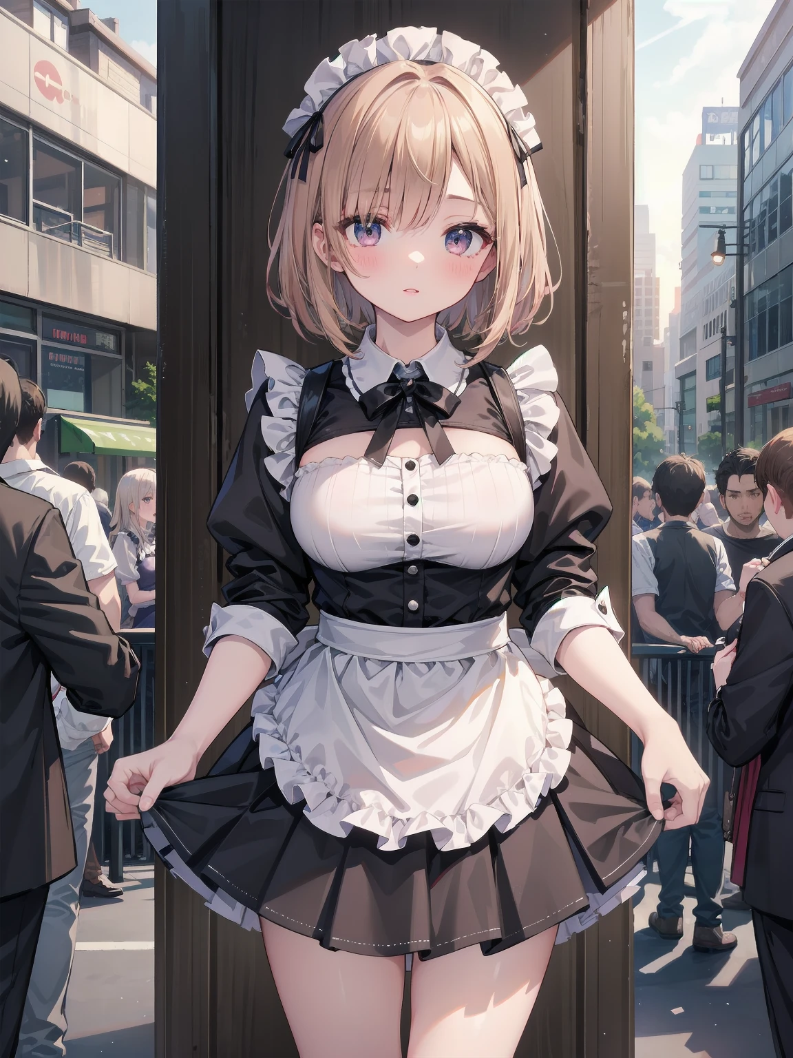 Highly detailed CG Unity 8k wallpaper, Top quality, Highly detailed, Masterpiece, Highly detailed pretty girl, 8 years old, (((lifting skirt by herself))), (lifting skirt by herself)), dynamic angles, sexy pose, blush, lips apart, looking at audience, half body shot, (crowd), (crowded big city)), hair over one eye, immaculate beauty, less revealing maid outfit, classical maid fashion