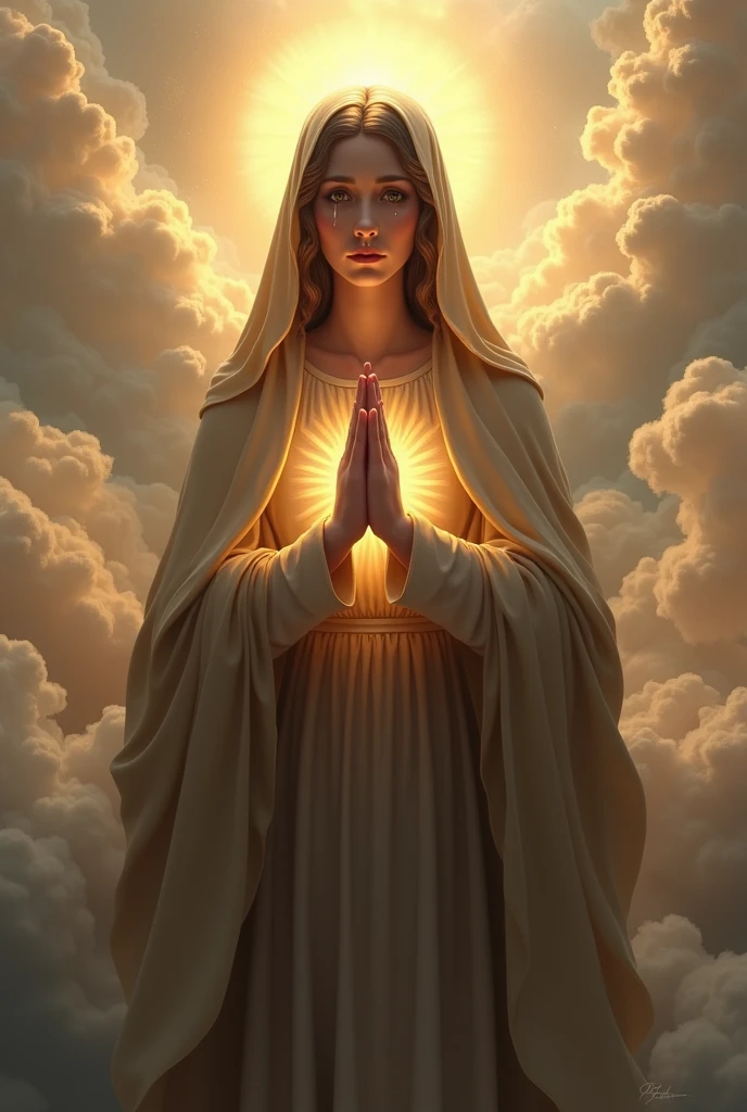 (photorealism:1.2), beautiful virgin Mary with tears in her eyes while praying in the clouds, wearing brown queen clothes with light in his head and heart spreading all over in the clouds, perfect virgin Mary, real virgin Mary, perfect five hands, perfect tears face, elegant, soft lighting, many clouds, stand straight, realistic, intricate details, warm colors,