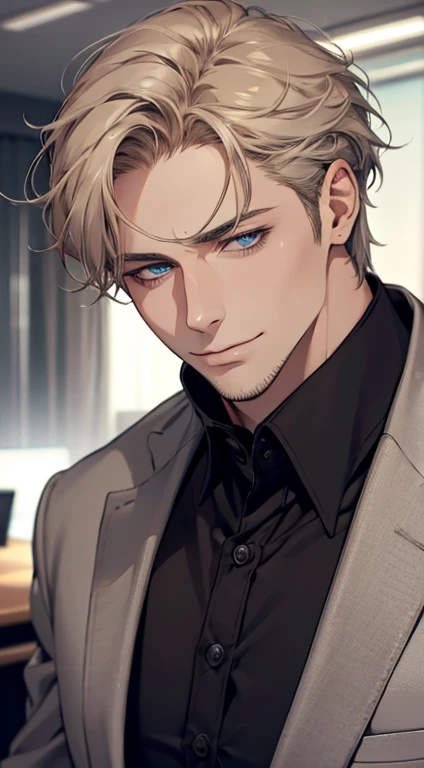 (best quality,4k,8k,highres,masterpiece:1.2),ultra-detailed,(realistic,photorealistic,photo-realistic:1.37),1 man,31 years old,mature man,very handsome,without expression,smile,short grey golden hair,blue eyes,penetrating gaze,perfect face without errors,imposing posture,businessman,office background,cinematic lighting,hdr image