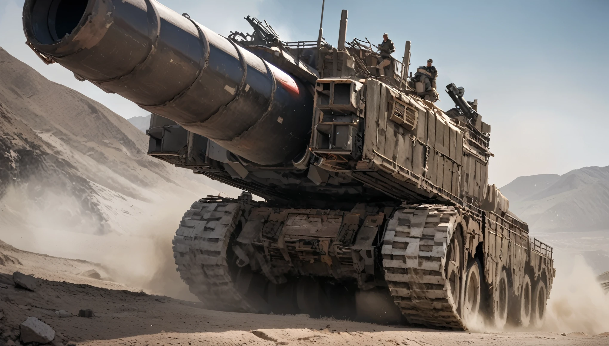quality\(masterpiece, best quality,8k,wallpaper of extremely detailed CG unit,hight resolution,top-quality,top-quality real texture skin,hyper realisitic,increase the resolution,RAW photos,best qualtiy,highly detailed,the wallpaper\), BREAK ,tank\(armored,thick armor, (many steel plates retrofitted:1.4), (huge cannon\(beam cannon, glowing blue-white\):1.4), camouflage paint,( huge caterpillar:1.3), (exhaust muffler on top\(smoke\):1.3), smashing rocks as it goes\), background\(rough, rocky road,battle field, many bullets comming, explosions\)