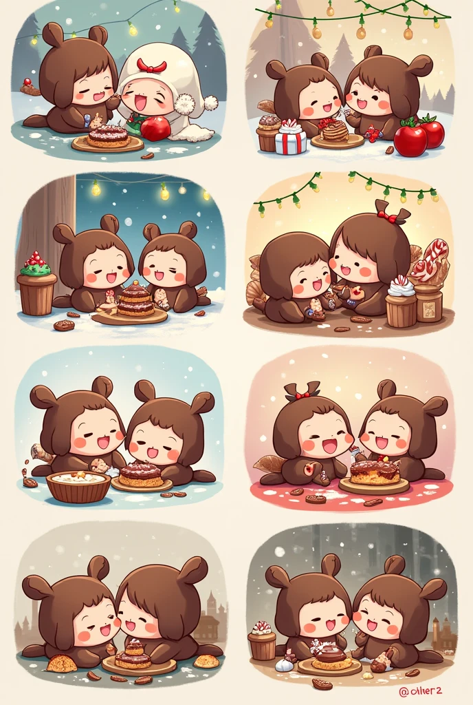 Collection with 4 drawings about Christmas, with chocolates and lots of love chibi style