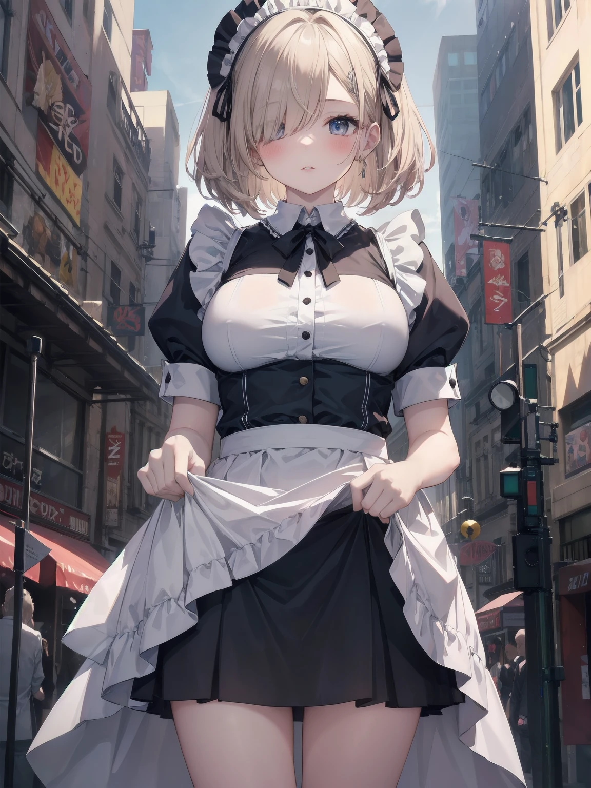 Highly detailed CG Unity 8k wallpaper, Top quality, Highly detailed, Masterpiece, Highly detailed pretty girl, , (((lifting skirt by herself))), (lifting skirt by herself)), dynamic angles, sexy pose, blush, lips apart, looking at audience, half body shot, (crowd), (crowded big city)), hair over one eye, immaculate beauty, less revealing maid outfit, classical maid fashion