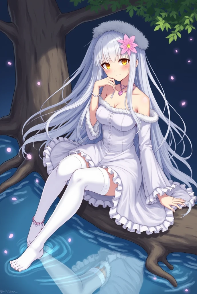 1girl, solo, long hair, flower, thighhighs, yellow eyes, white thighhighs, water, looking at viewer, tree, sitting, bare shoulders, barefoot, branch, very long hair, ass, reflection, veil, bangs, dress, off shoulder, jewelry, smile, breasts, white hair, full body, long sleeves, thighs, wide sleeves, necklace, fur trim, knee up, night, feet, white dress, pink flower, anklet, parted lips, hand up, hair ornament, ripples
