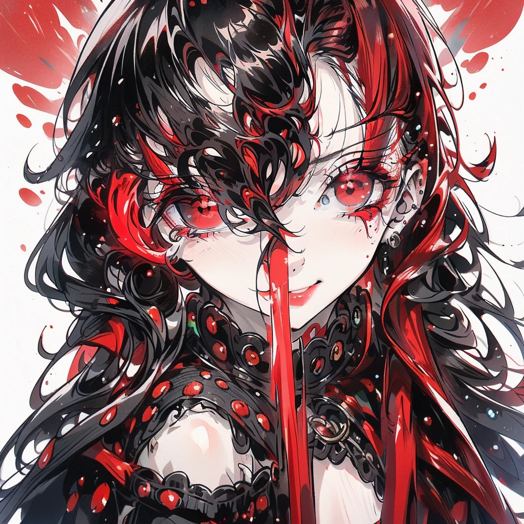  Black eyes with red pupils,black and red hair