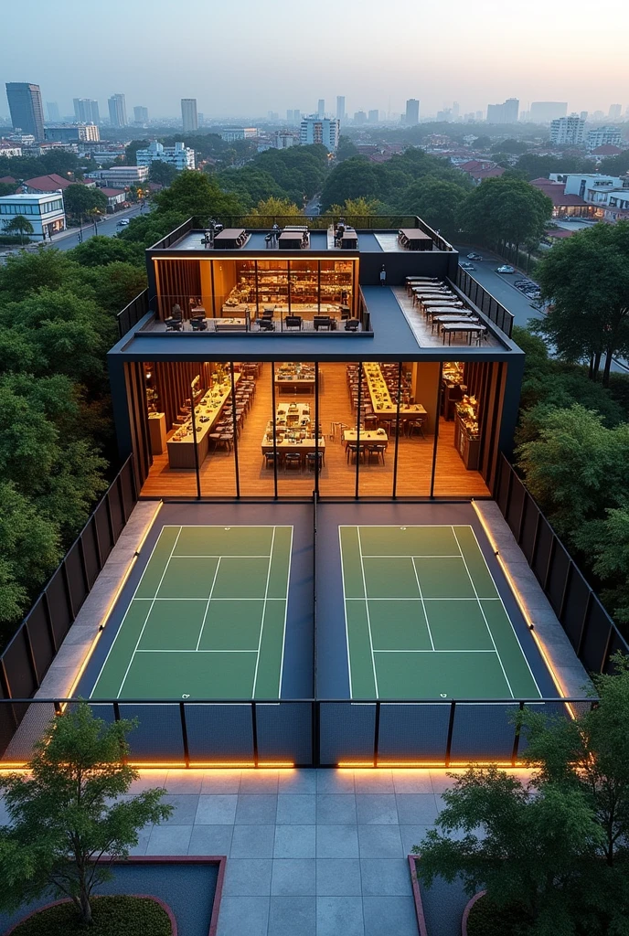 Two black-floor paddle courts and red walkways, one after the other, divided by glass walls and black metal mesh, on the right side of the courts, in a separate module from the ones on the feet, like 4 meters away, There is a food court with 8 small stalls on the sides of the corridor, 4 on one side and 4 on the other and in the middle, stuck together side by side, Low level, They are separated by a corridor that runs from the entrance to the field and ends at the courts., The premises are made of wood with warm LED lights on the walls and ceiling., with jungle-style landscaping outside the premises, common areas, walls and ceilings of premises, and that the roof of the premises are joined together to make a common terrace that can be used to place a DJ and hold parties there, The premises' land is 20 meters by 15,5 meters, and each room is 4 meters by 4 meters. The surrounding land has a paved parking lot and green areas with grass., located in the center of a city, Guanare, Portuguese State, venezuela